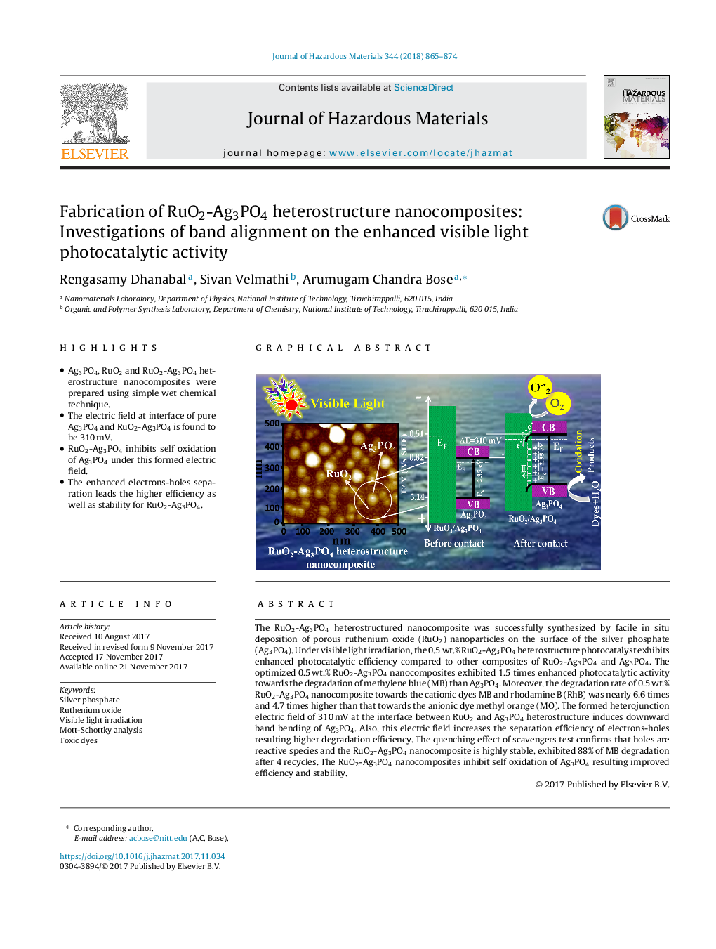 Fabrication of RuO2-Ag3PO4 heterostructure nanocomposites: Investigations of band alignment on the enhanced visible light photocatalytic activity