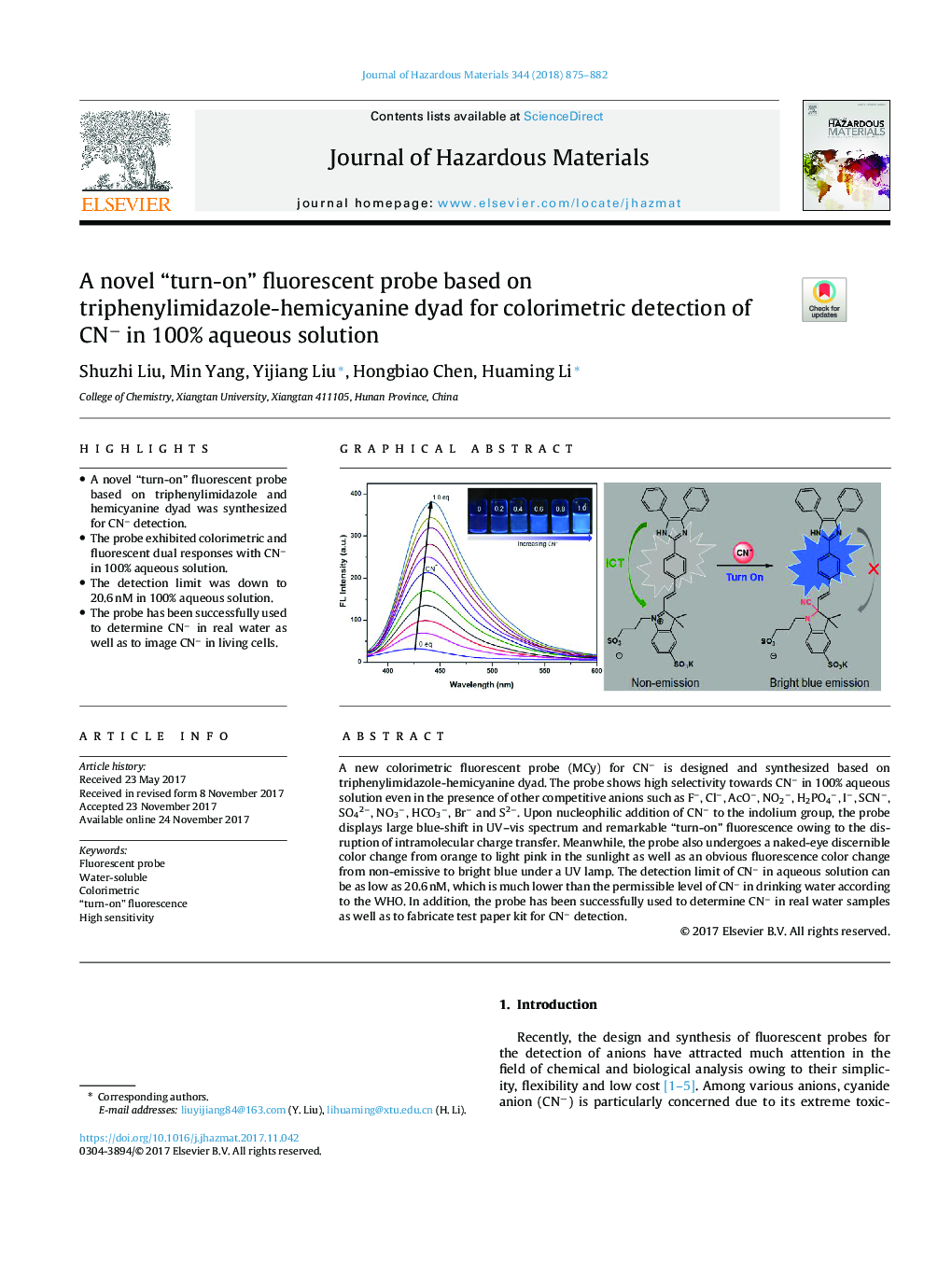 A novel “turn-on” fluorescent probe based on triphenylimidazole-hemicyanine dyad for colorimetric detection of CNâ in 100% aqueous solution