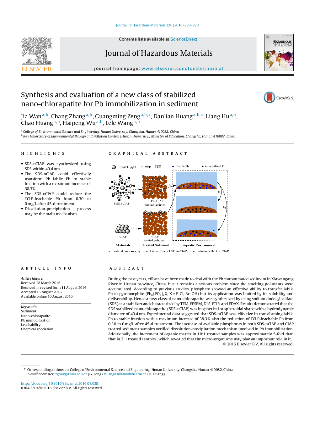 Synthesis and evaluation of a new class of stabilized nano-chlorapatite for Pb immobilization in sediment