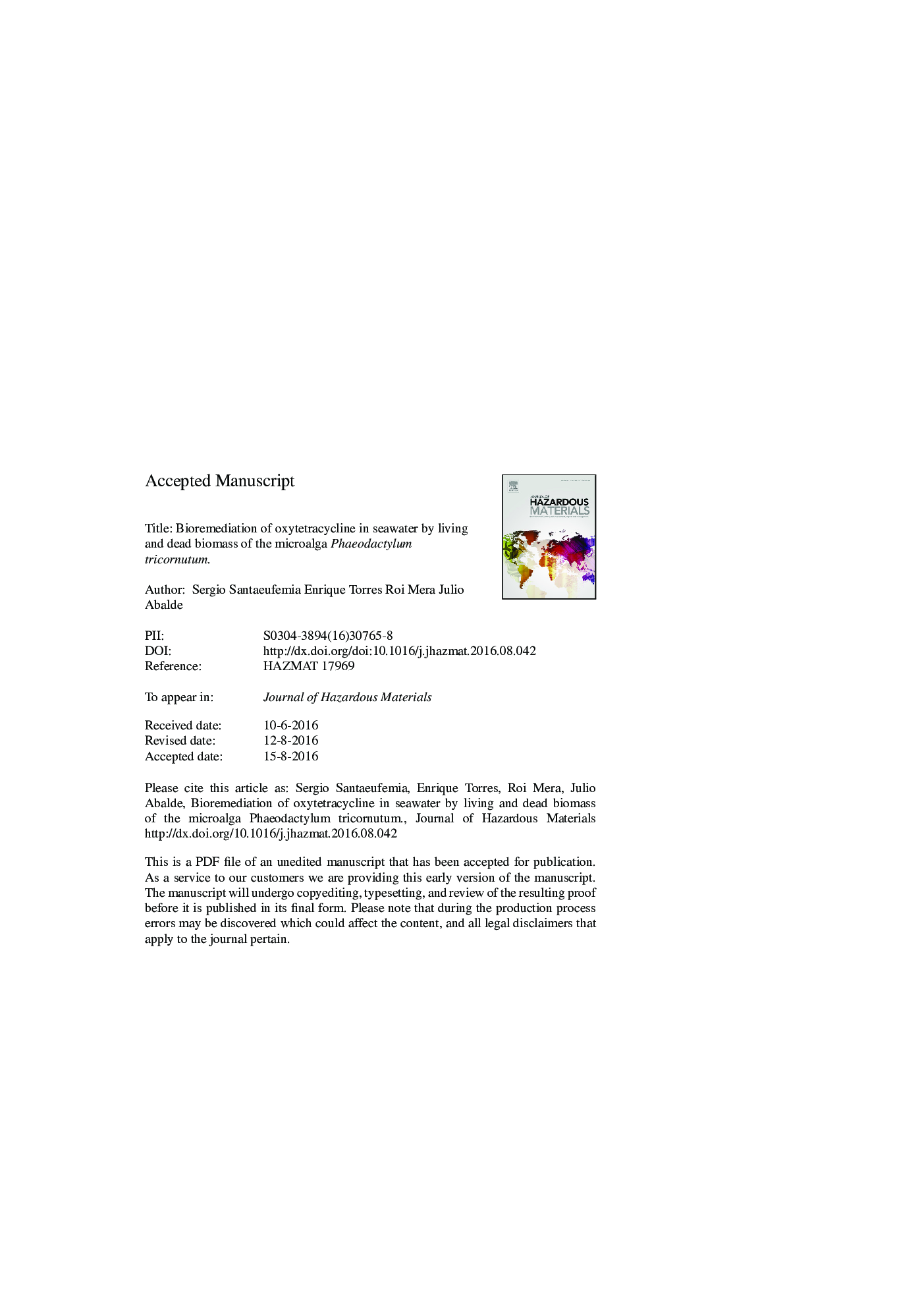 Bioremediation of oxytetracycline in seawater by living and dead biomass of the microalga Phaeodactylum tricornutum