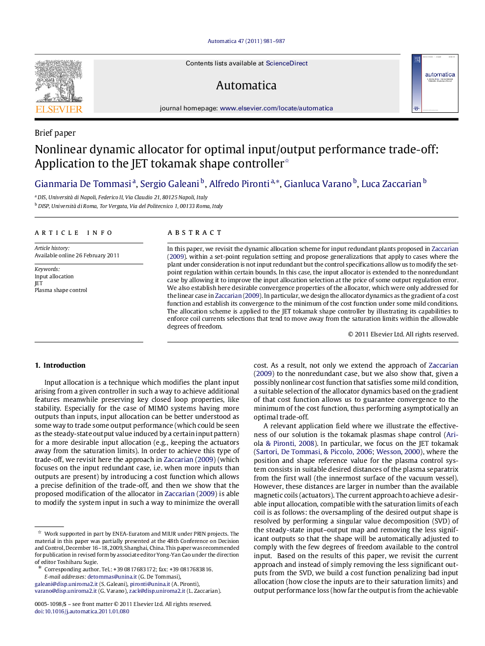 Nonlinear dynamic allocator for optimal input/output performance trade-off: Application to the JET tokamak shape controller 