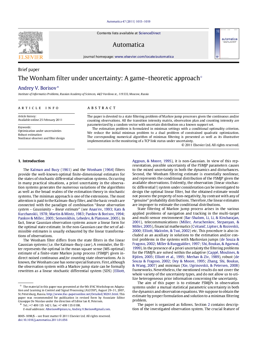 The Wonham filter under uncertainty: A game–theoretic approach 