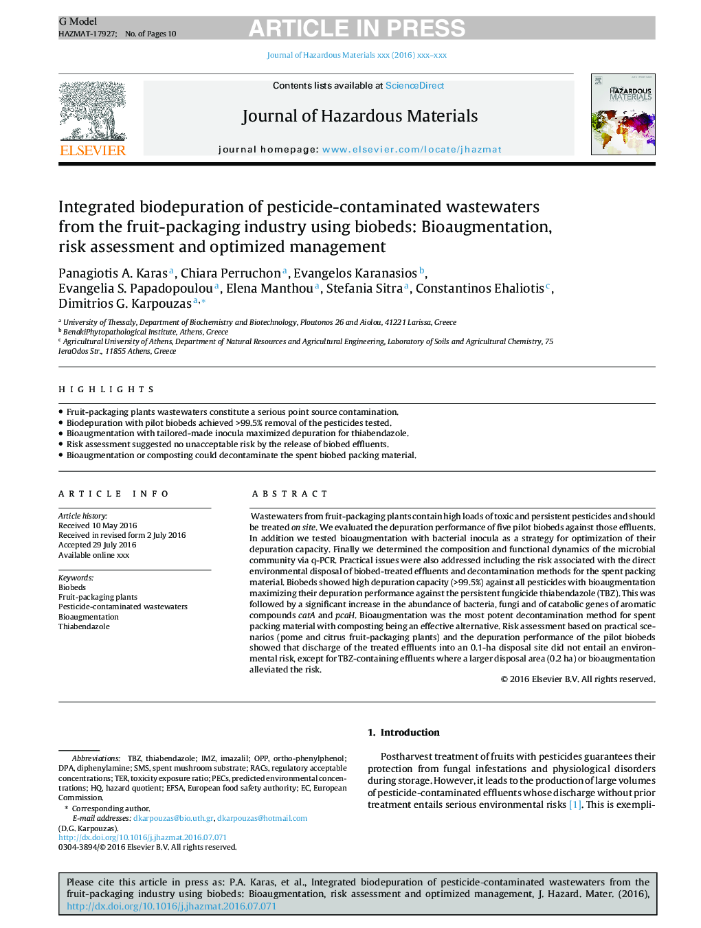 Integrated biodepuration of pesticide-contaminated wastewaters from the fruit-packaging industry using biobeds: Bioaugmentation, risk assessment and optimized management