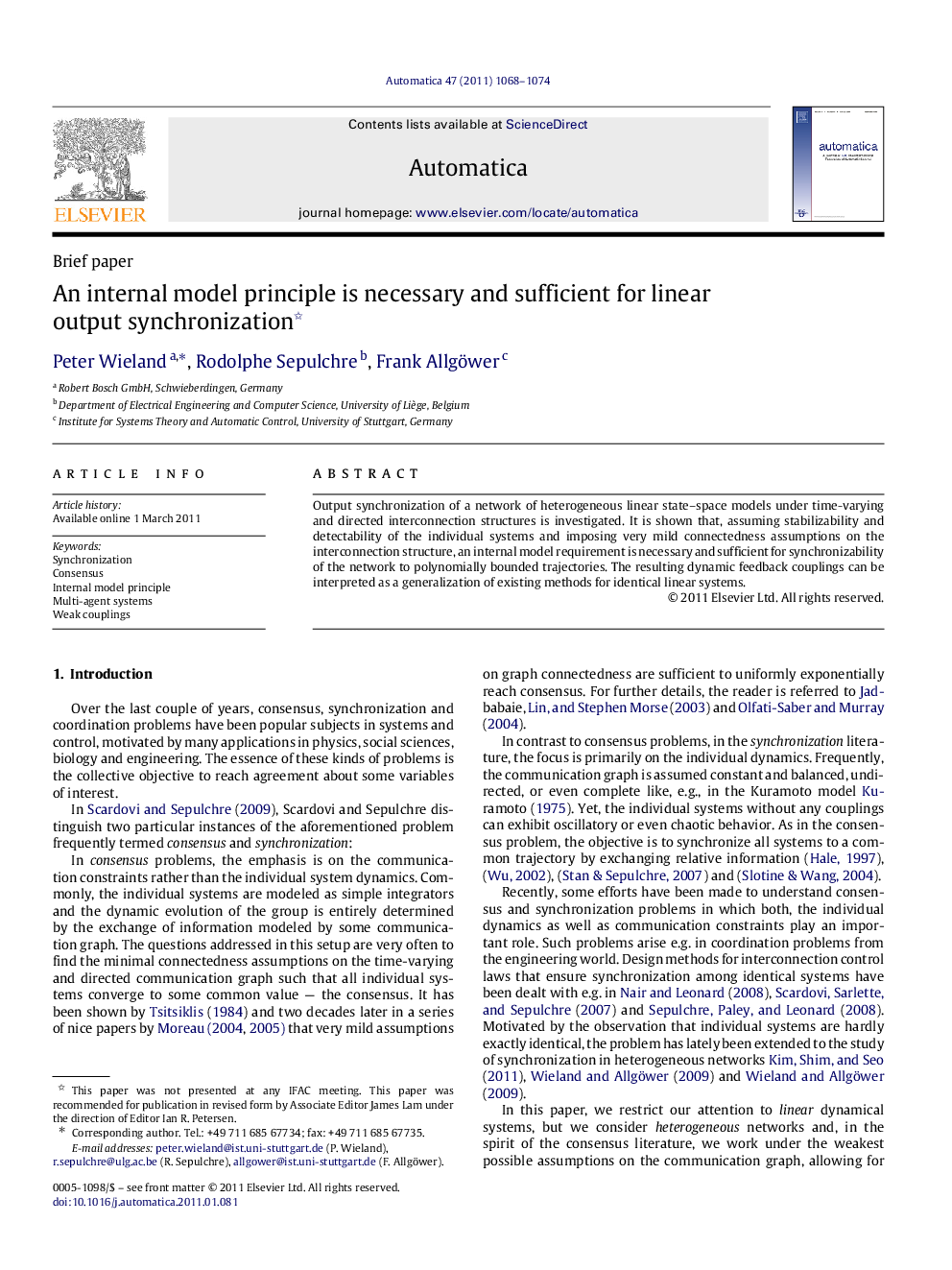 An internal model principle is necessary and sufficient for linear output synchronization 