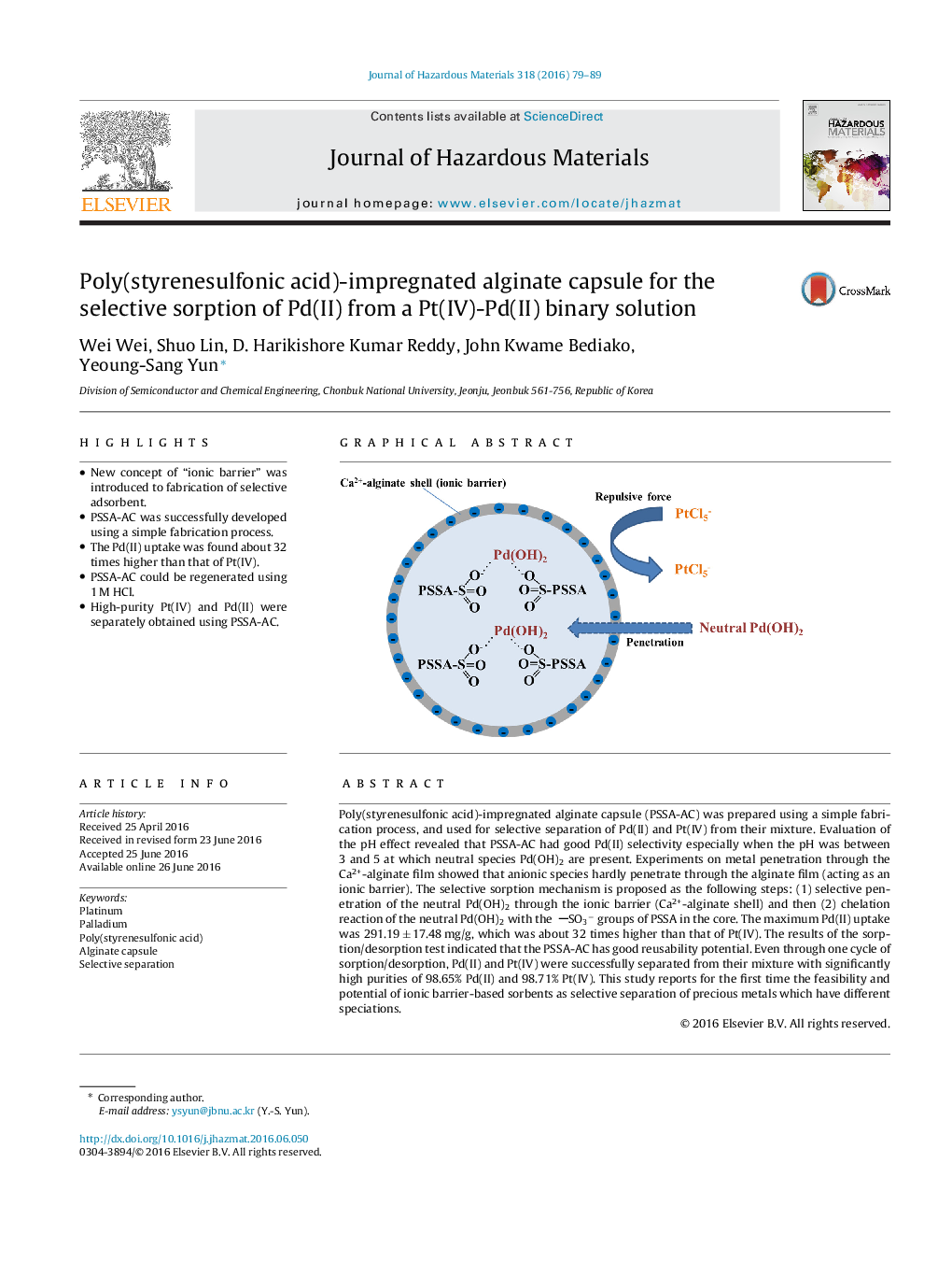 Poly(styrenesulfonic acid)-impregnated alginate capsule for the selective sorption of Pd(II) from a Pt(IV)-Pd(II) binary solution