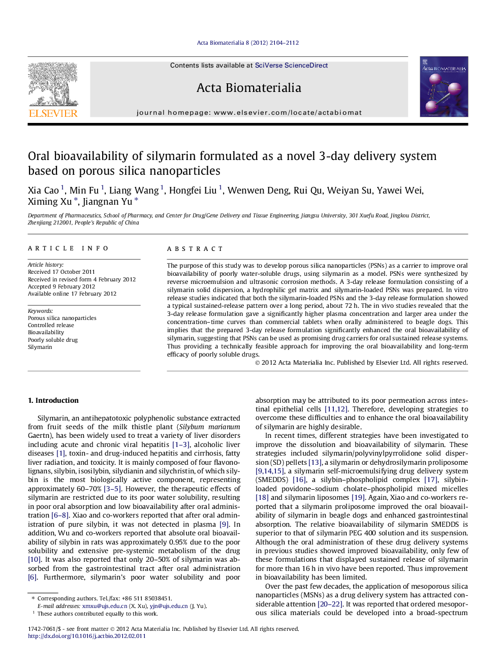 Oral bioavailability of silymarin formulated as a novel 3-day delivery system based on porous silica nanoparticles