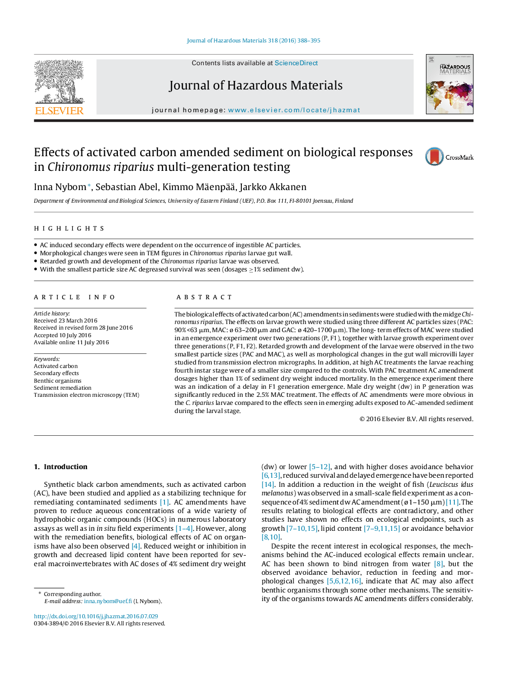 Effects of activated carbon amended sediment on biological responses in Chironomus riparius multi-generation testing