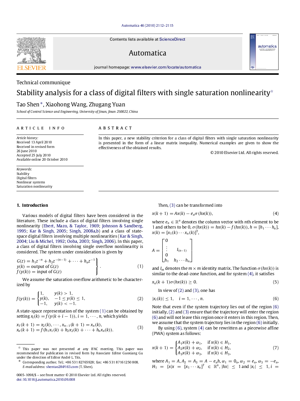 Stability analysis for a class of digital filters with single saturation nonlinearity 