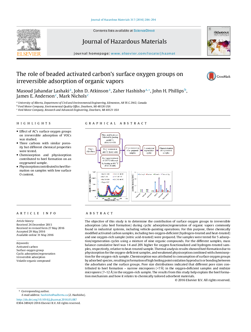 The role of beaded activated carbon's surface oxygen groups on irreversible adsorption of organic vapors