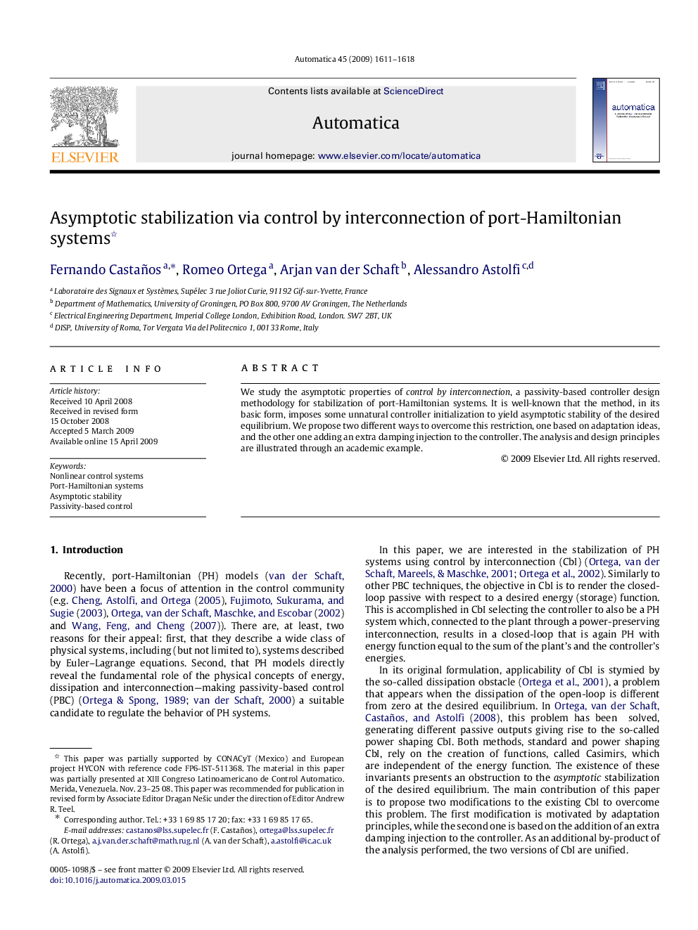 Asymptotic stabilization via control by interconnection of port-Hamiltonian systems 