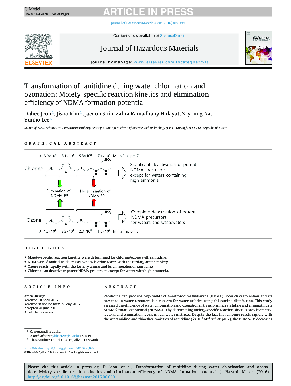 Transformation of ranitidine during water chlorination and ozonation: Moiety-specific reaction kinetics and elimination efficiency of NDMA formation potential