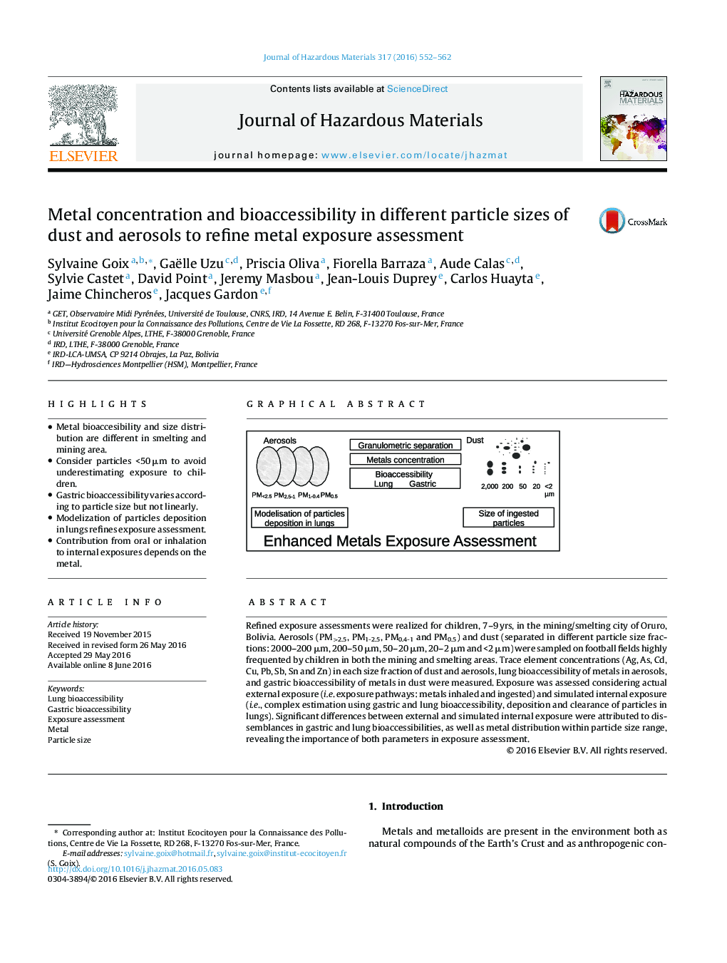 Metal concentration and bioaccessibility in different particle sizes of dust and aerosols to refine metal exposure assessment