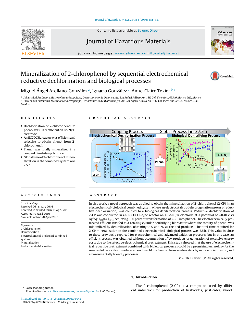 Mineralization of 2-chlorophenol by sequential electrochemical reductive dechlorination and biological processes