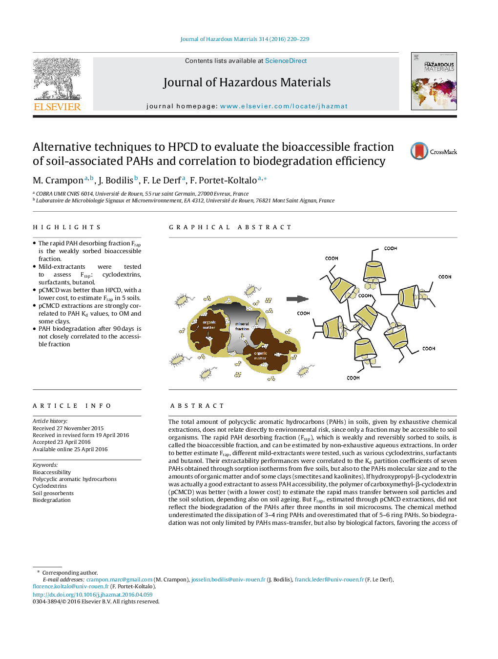 Alternative techniques to HPCD to evaluate the bioaccessible fraction of soil-associated PAHs and correlation to biodegradation efficiency