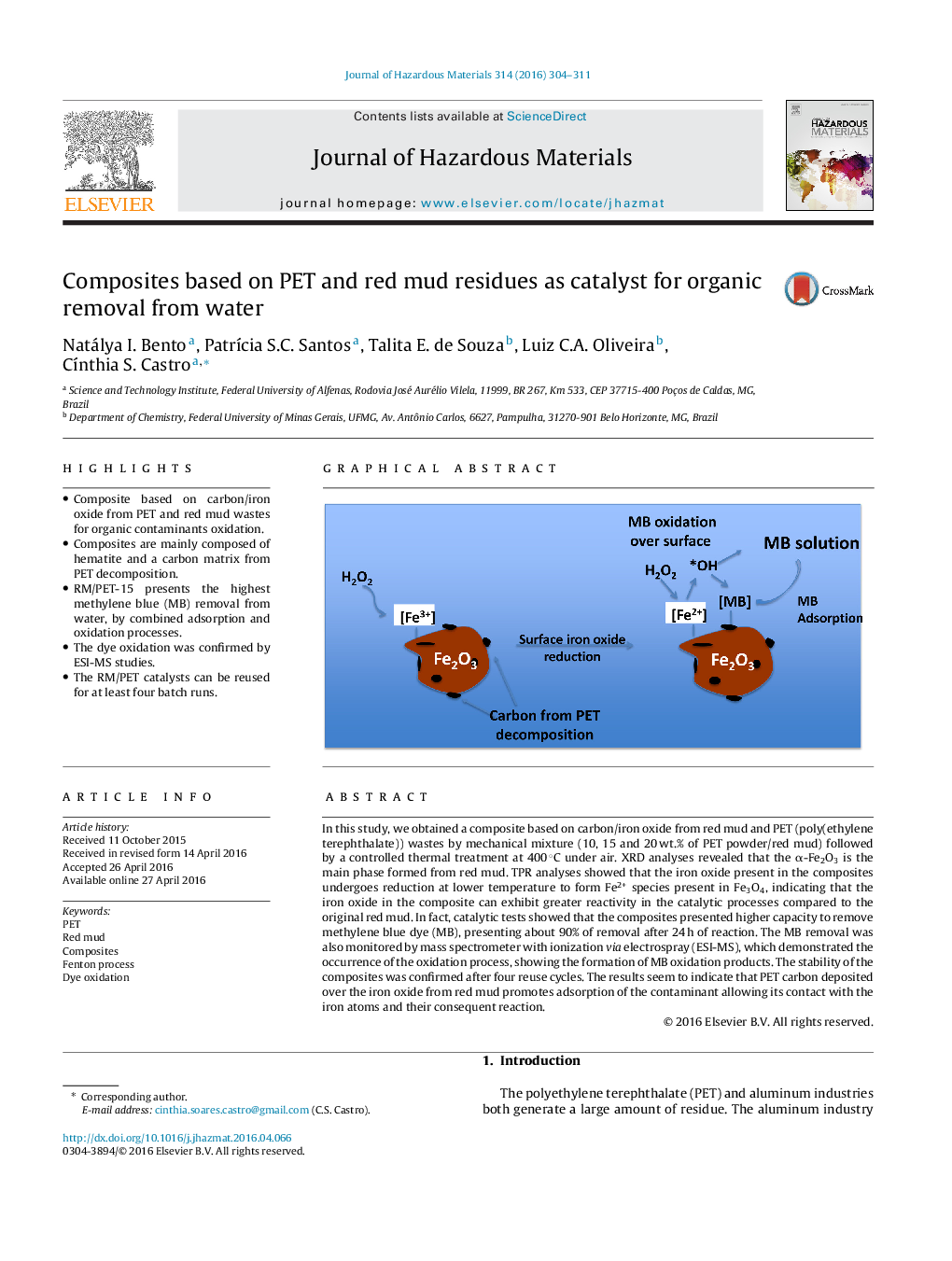 Composites based on PET and red mud residues as catalyst for organic removal from water