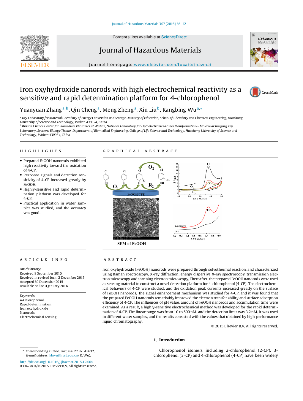 نانوذرات اکسید هیدروکسید آهن با واکنش الکتروشیمیایی بالا به عنوان یک پلت فرم تعیین حساس و سریع برای 4-کلروفنل 