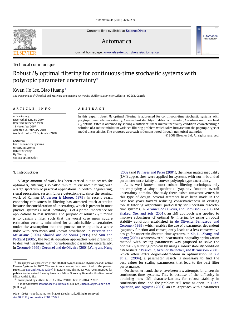 Robust H2H2 optimal filtering for continuous-time stochastic systems with polytopic parameter uncertainty 