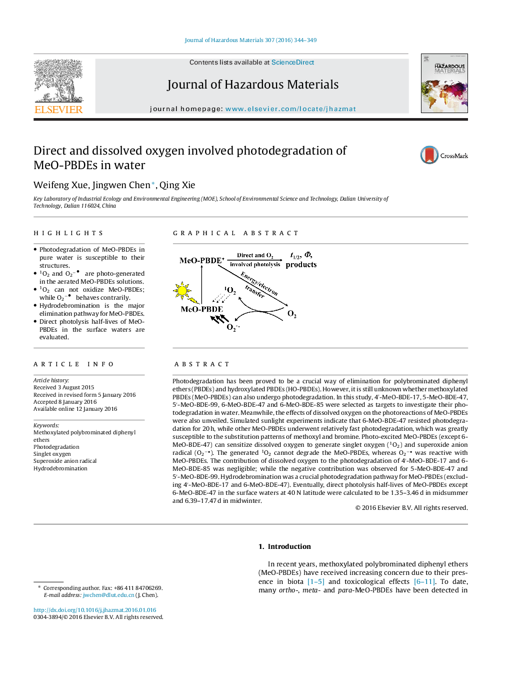 عکس صفحه اول مقاله: Direct and dissolved oxygen involved photodegradation of MeO-PBDEs in water Direct and dissolved oxygen involved photodegradation of MeO-PBDEs in water