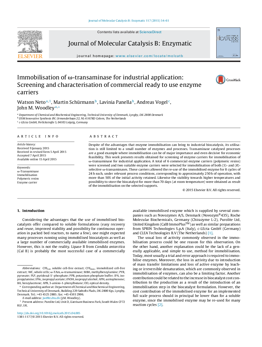 Immobilisation of ω-transaminase for industrial application: Screening and characterisation of commercial ready to use enzyme carriers