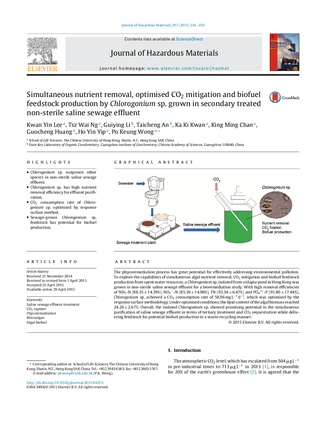 Simultaneous nutrient removal, optimised CO2 mitigation and biofuel feedstock production by Chlorogonium sp. grown in secondary treated non-sterile saline sewage effluent