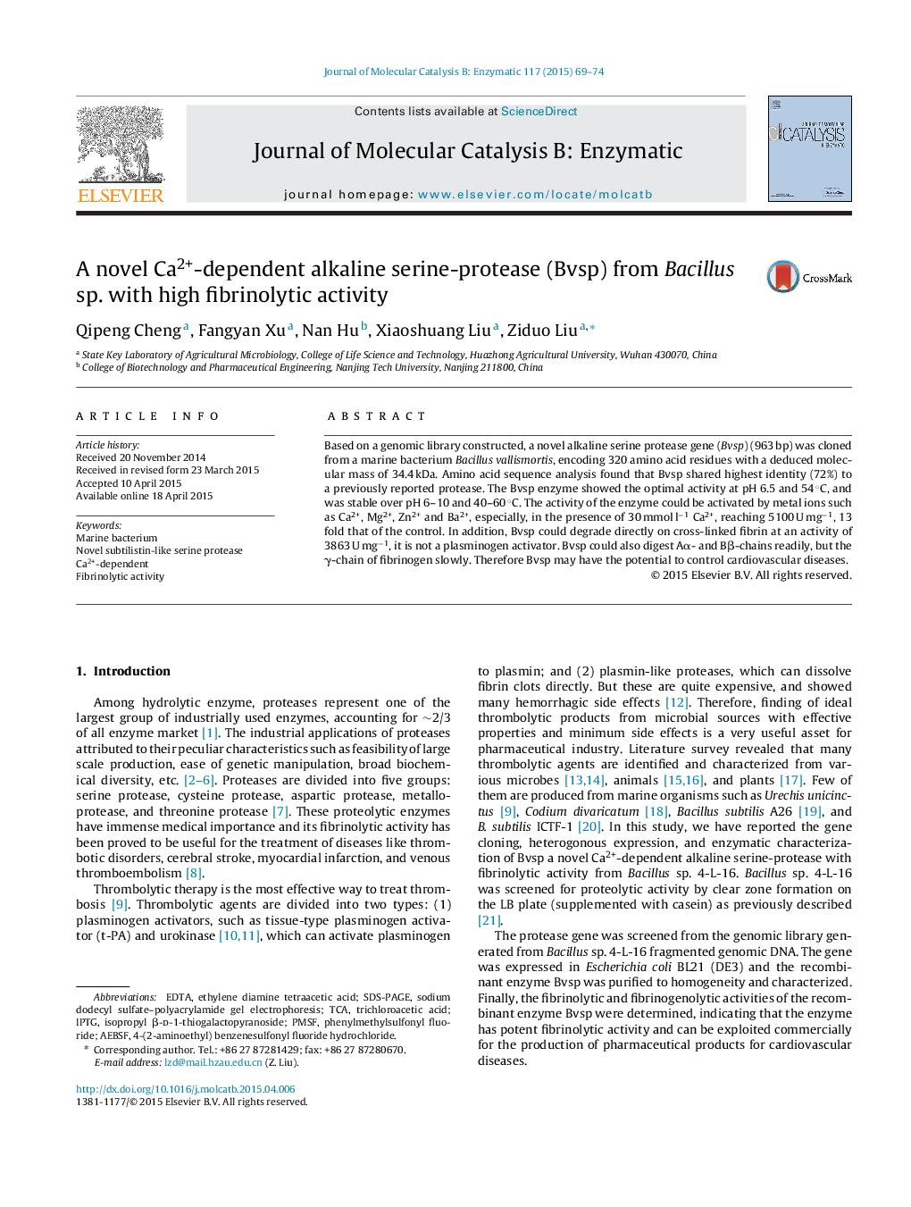 A novel Ca2+-dependent alkaline serine-protease (Bvsp) from Bacillus sp. with high fibrinolytic activity