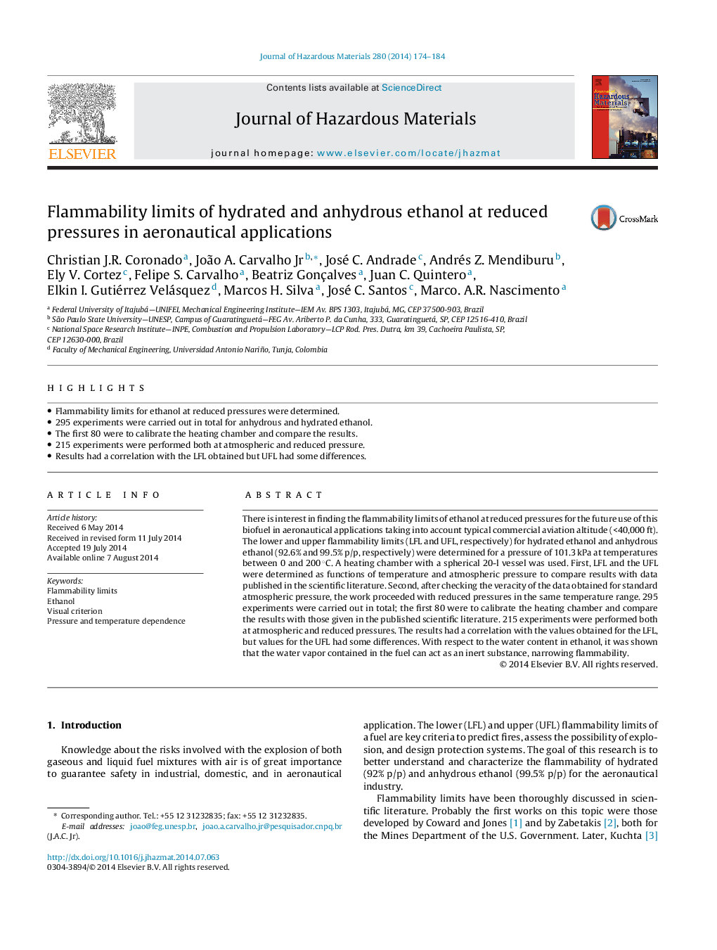 Flammability limits of hydrated and anhydrous ethanol at reduced pressures in aeronautical applications