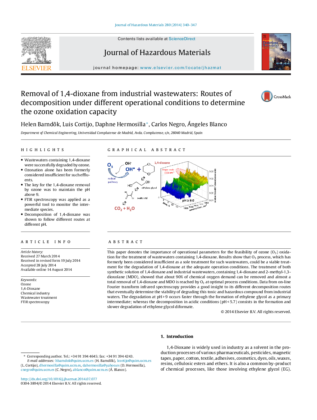 Removal of 1,4-dioxane from industrial wastewaters: Routes of decomposition under different operational conditions to determine the ozone oxidation capacity