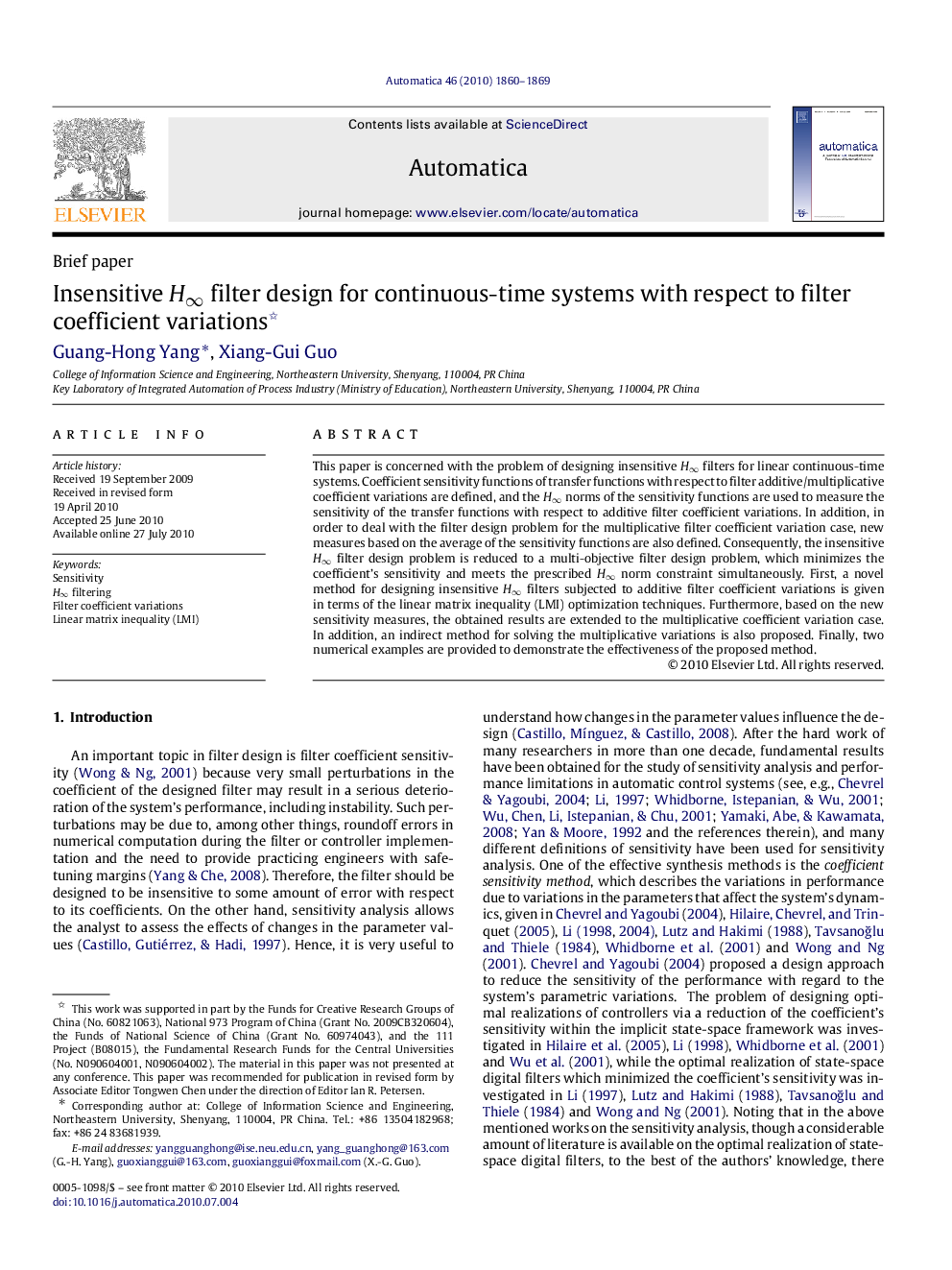 Insensitive H∞H∞ filter design for continuous-time systems with respect to filter coefficient variations 