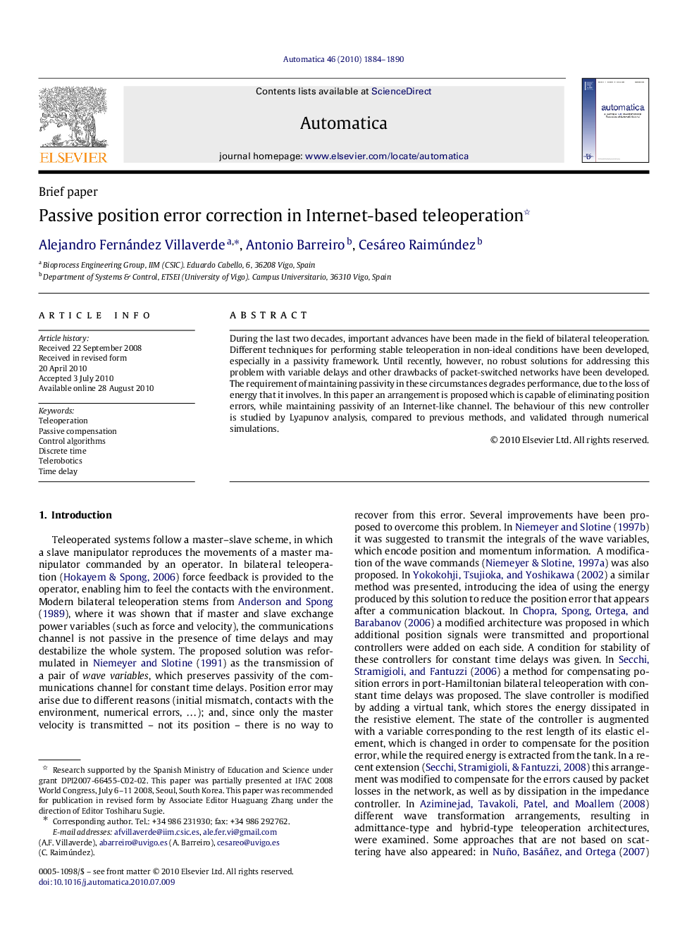 Passive position error correction in Internet-based teleoperation