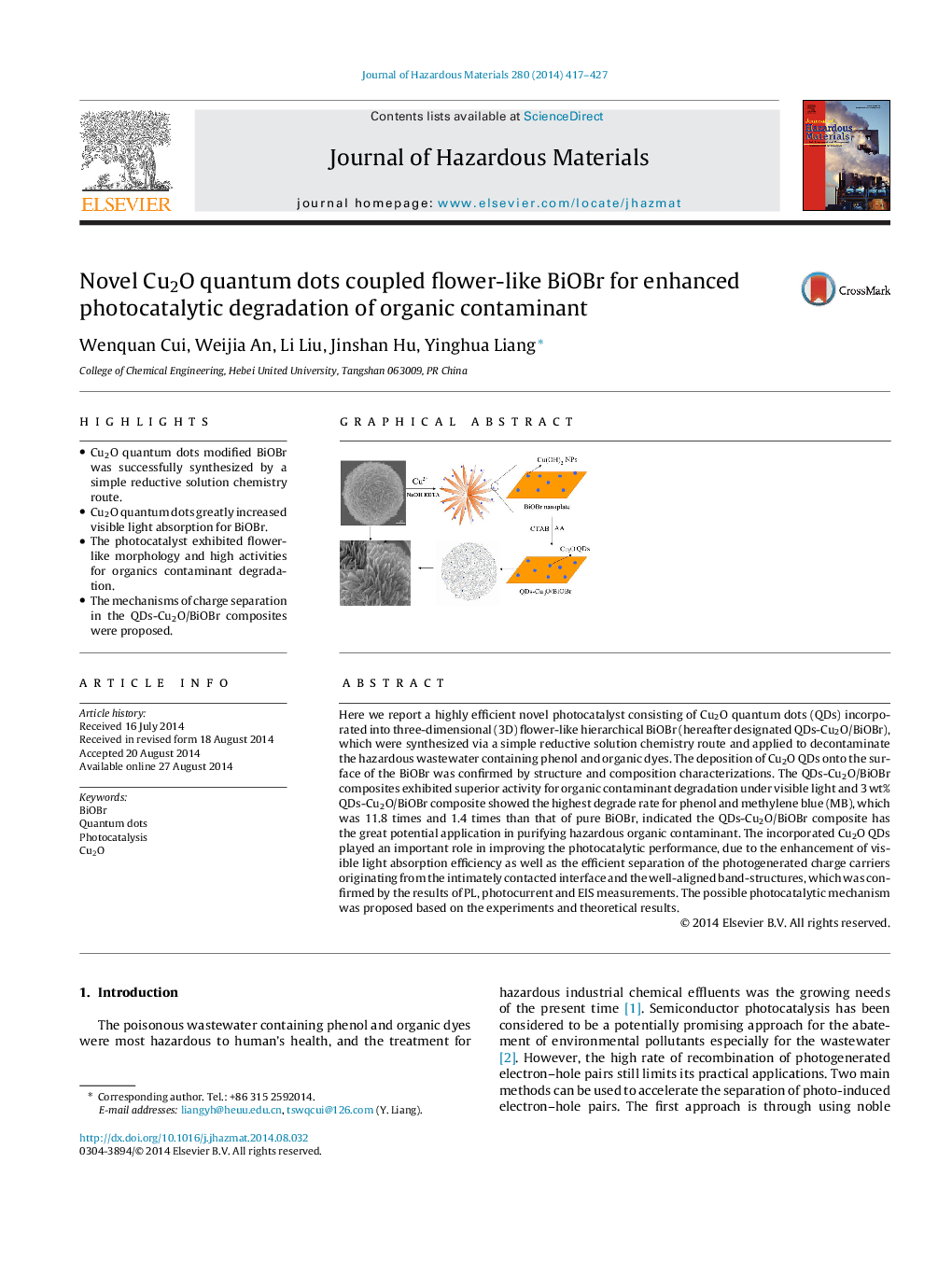 Novel Cu2O quantum dots coupled flower-like BiOBr for enhanced photocatalytic degradation of organic contaminant