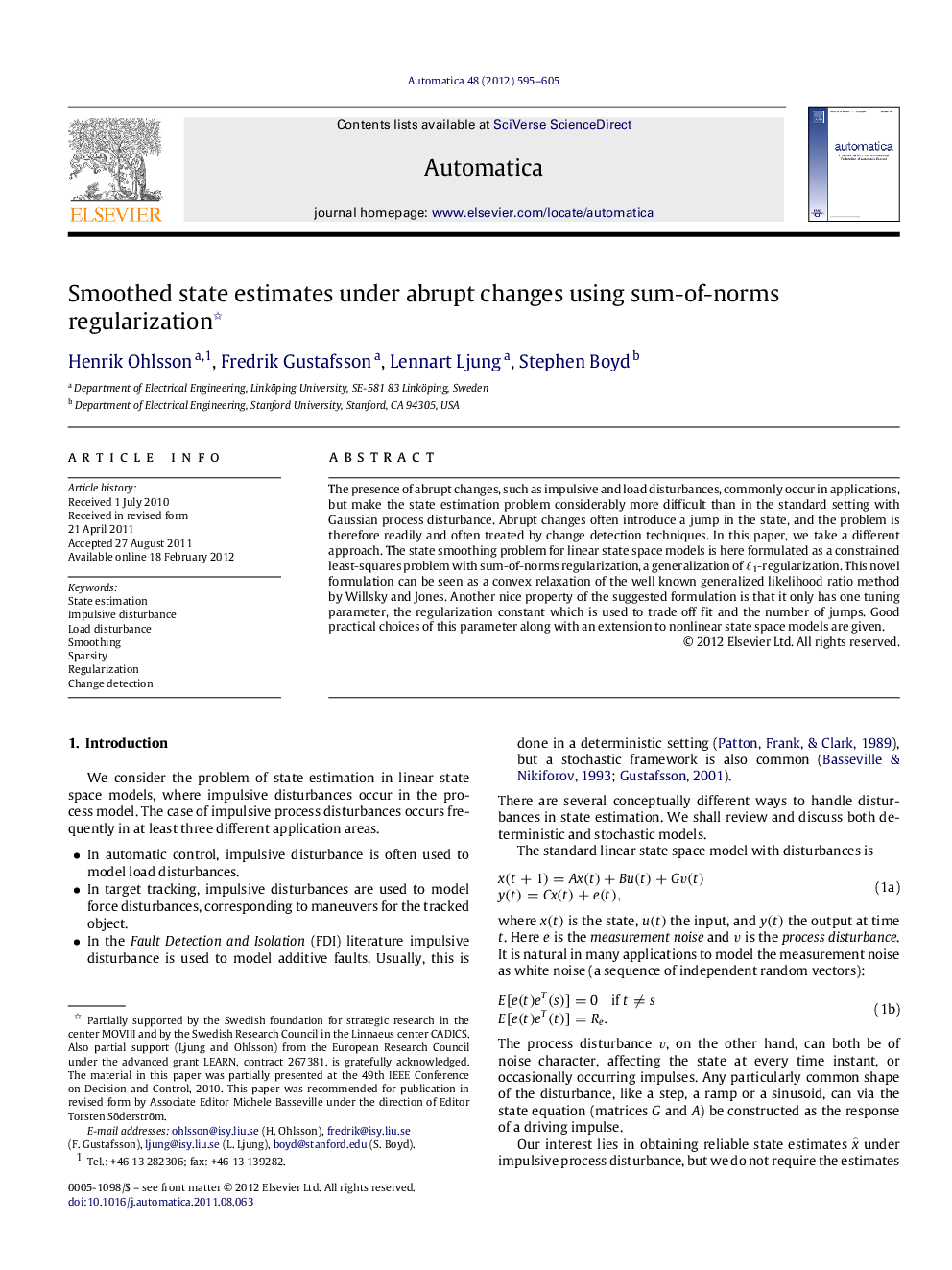 Smoothed state estimates under abrupt changes using sum-of-norms regularization 