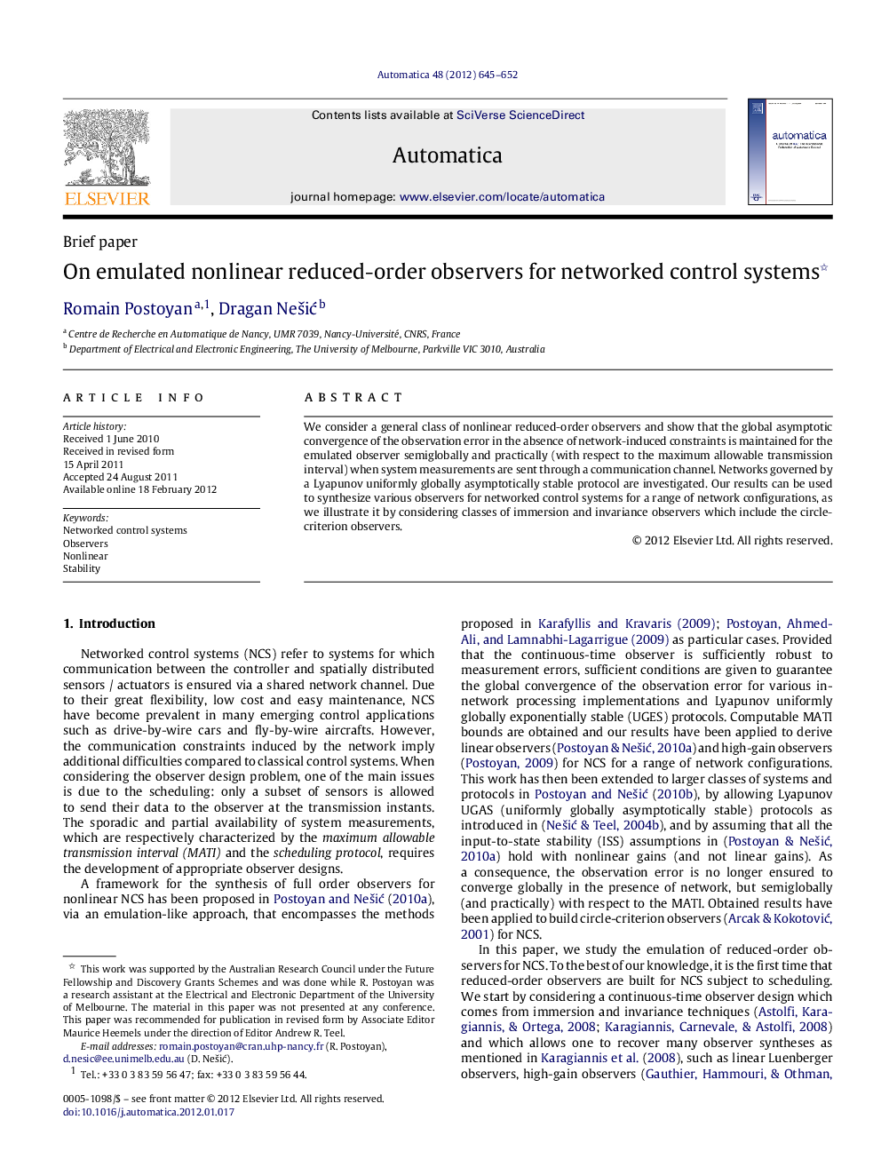 On emulated nonlinear reduced-order observers for networked control systems 