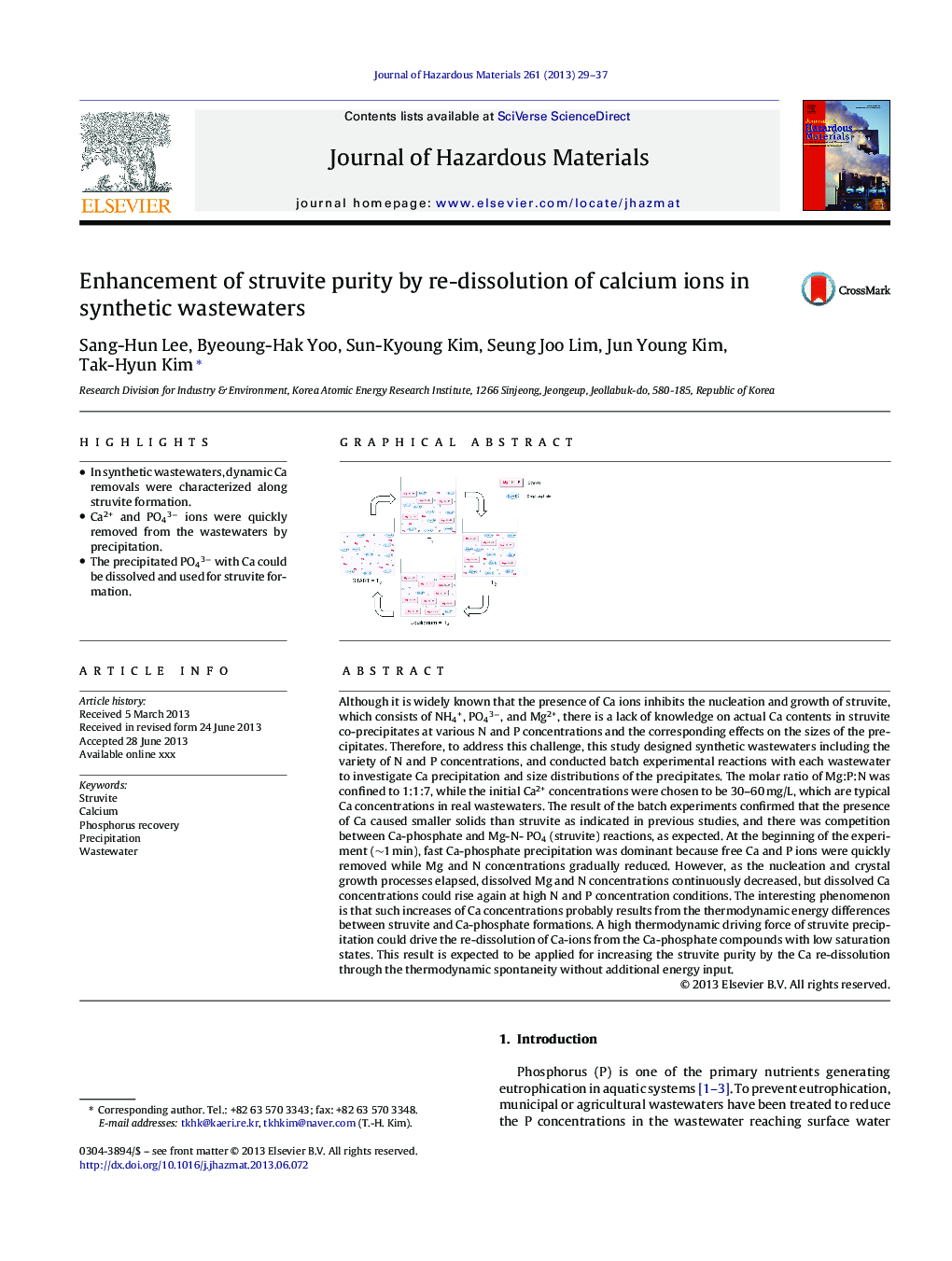 Enhancement of struvite purity by re-dissolution of calcium ions in synthetic wastewaters