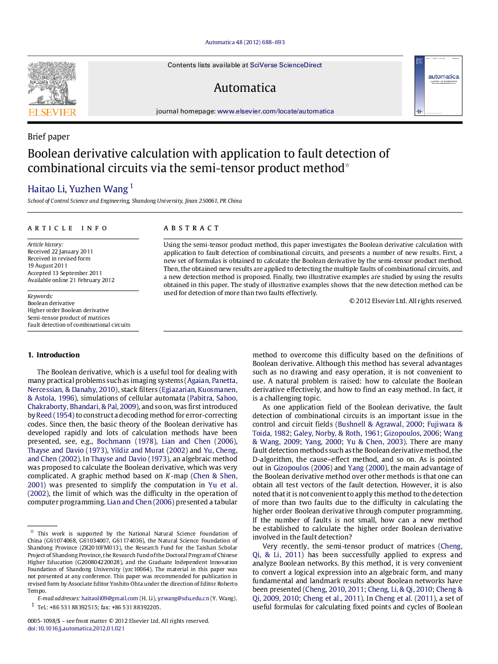 Boolean derivative calculation with application to fault detection of combinational circuits via the semi-tensor product method 