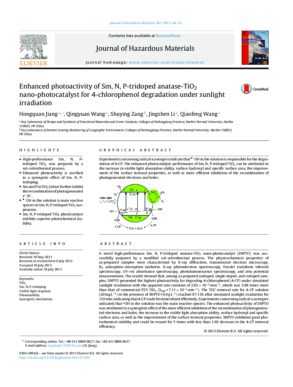 Enhanced photoactivity of Sm, N, P-tridoped anatase-TiO2 nano-photocatalyst for 4-chlorophenol degradation under sunlight irradiation
