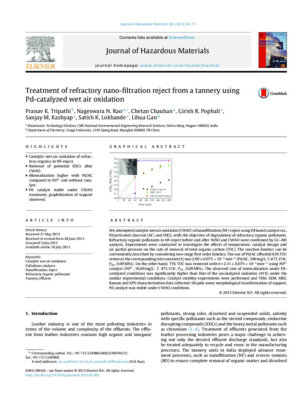 Treatment of refractory nano-filtration reject from a tannery using Pd-catalyzed wet air oxidation