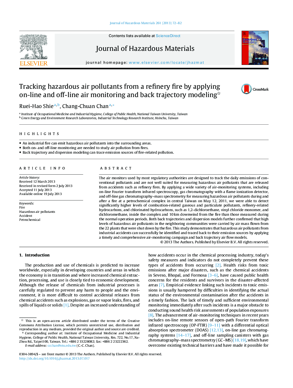 Tracking hazardous air pollutants from a refinery fire by applying on-line and off-line air monitoring and back trajectory modeling