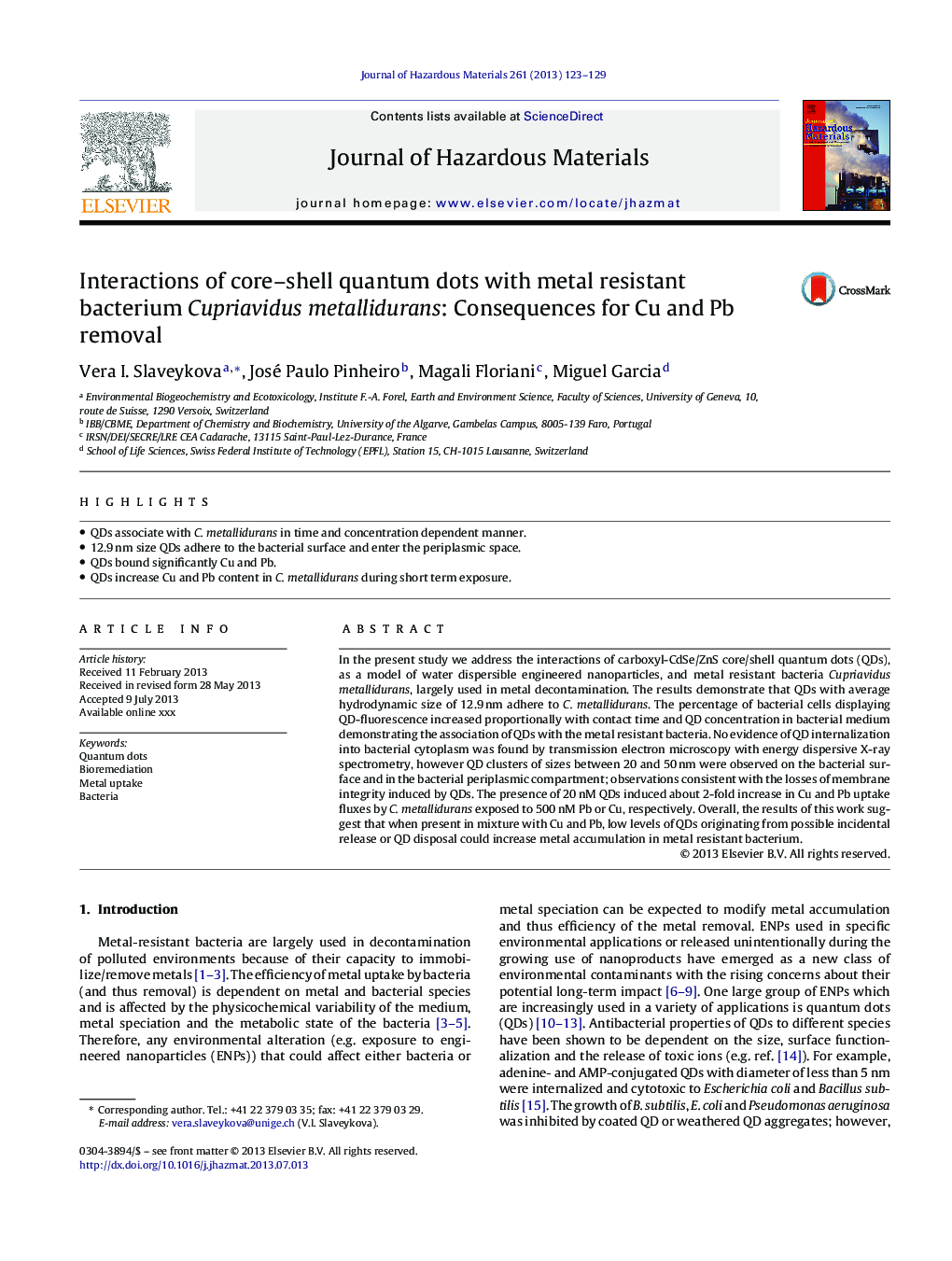 Interactions of core-shell quantum dots with metal resistant bacterium Cupriavidus metallidurans: Consequences for Cu and Pb removal