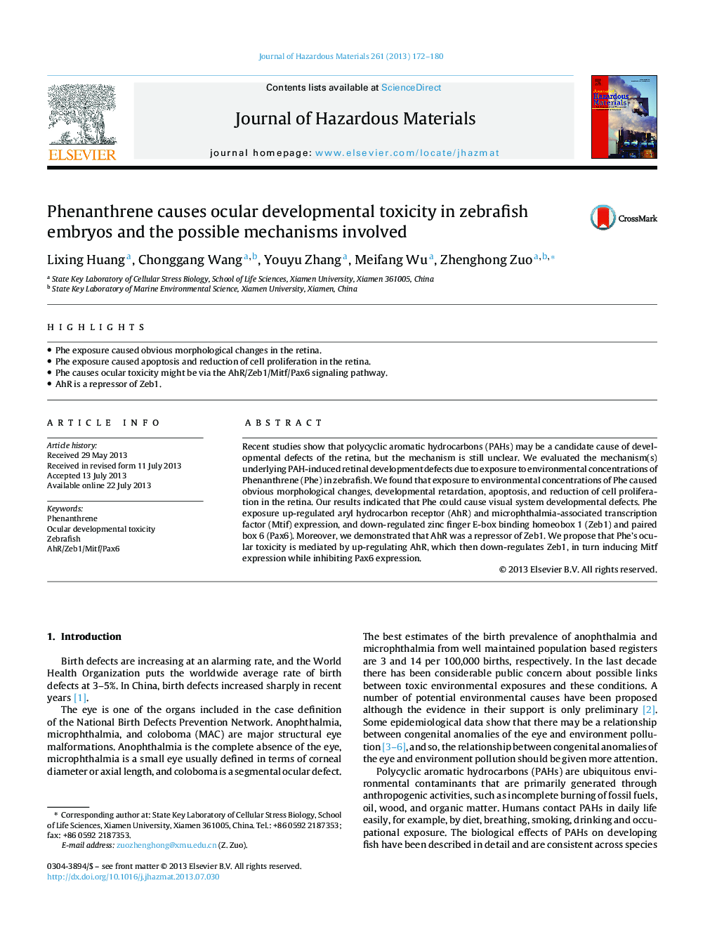 Phenanthrene causes ocular developmental toxicity in zebrafish embryos and the possible mechanisms involved