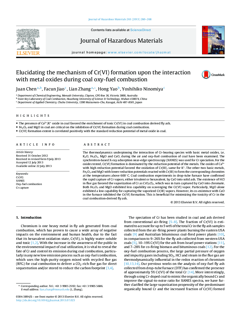 Elucidating the mechanism of Cr(VI) formation upon the interaction with metal oxides during coal oxy-fuel combustion