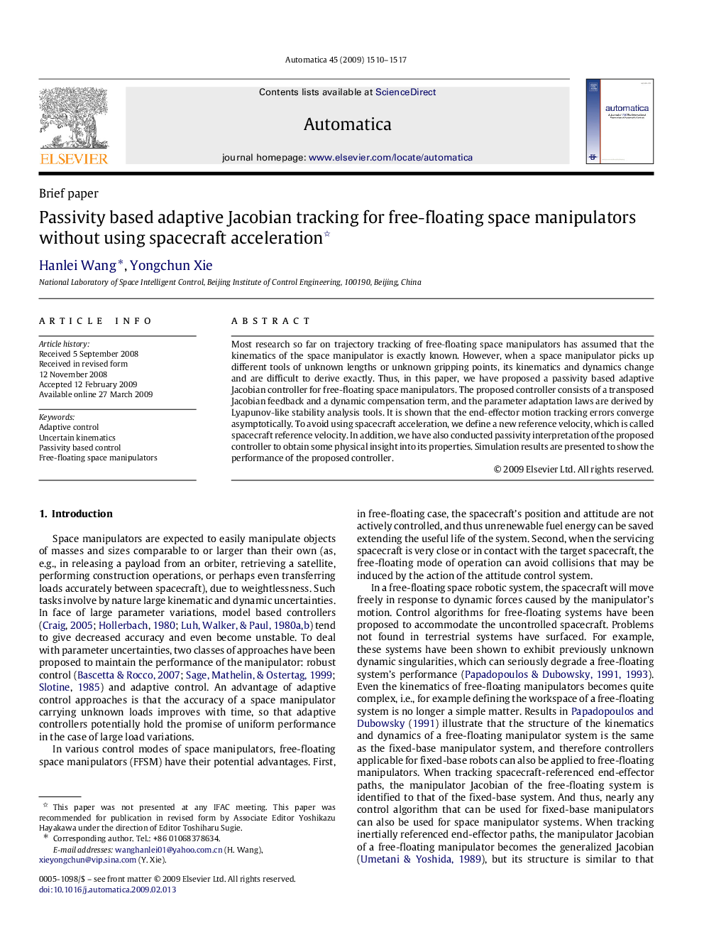 Passivity based adaptive Jacobian tracking for free-floating space manipulators without using spacecraft acceleration 