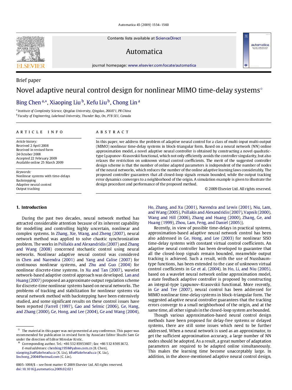 Novel adaptive neural control design for nonlinear MIMO time-delay systems 