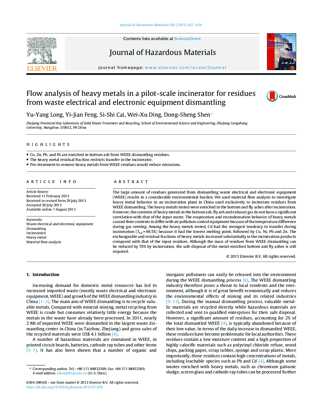 Flow analysis of heavy metals in a pilot-scale incinerator for residues from waste electrical and electronic equipment dismantling