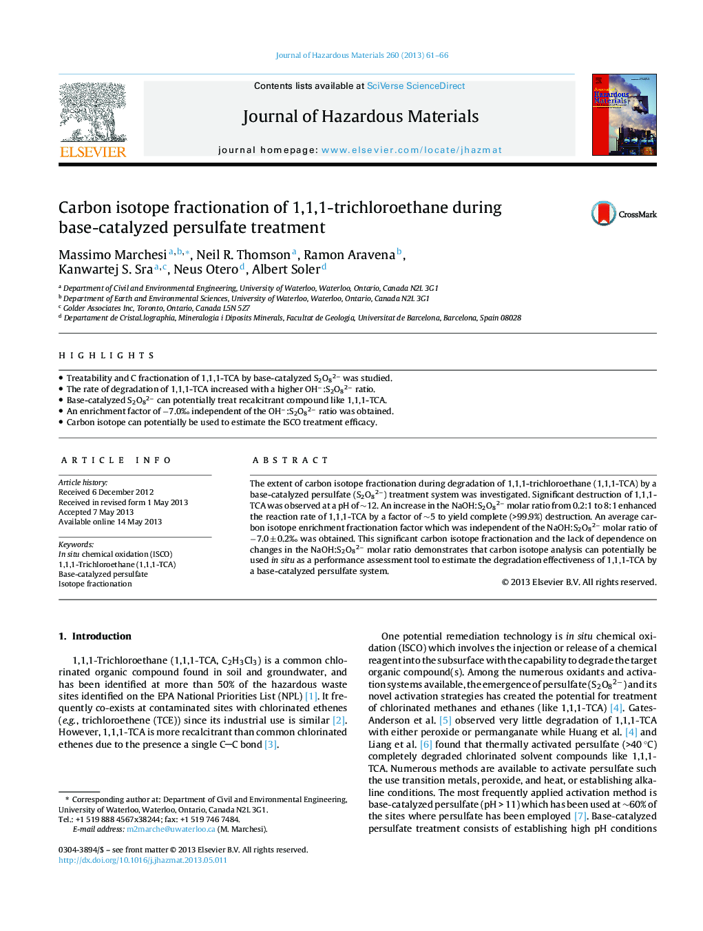 Carbon isotope fractionation of 1,1,1-trichloroethane during base-catalyzed persulfate treatment