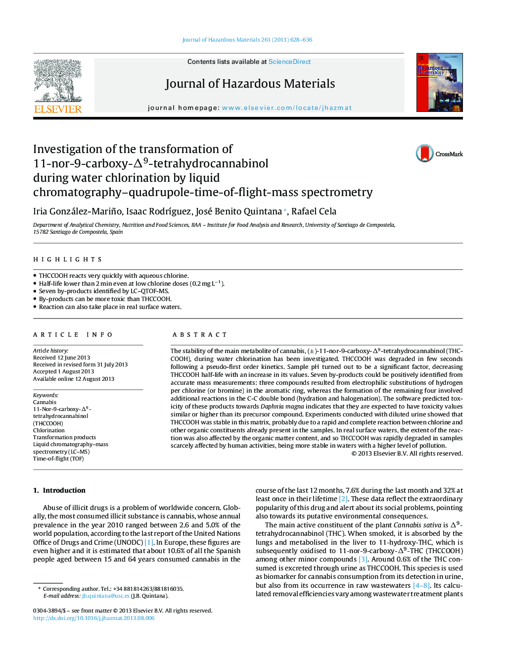 Investigation of the transformation of 11-nor-9-carboxy-Î9-tetrahydrocannabinol during water chlorination by liquid chromatography-quadrupole-time-of-flight-mass spectrometry