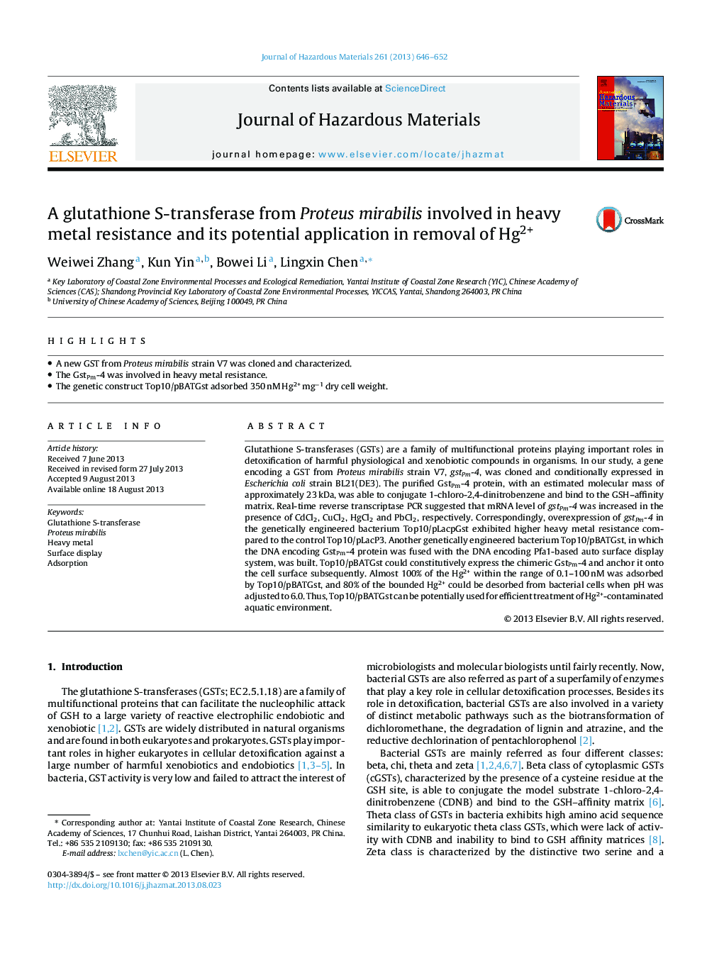 A glutathione S-transferase from Proteus mirabilis involved in heavy metal resistance and its potential application in removal of Hg2+