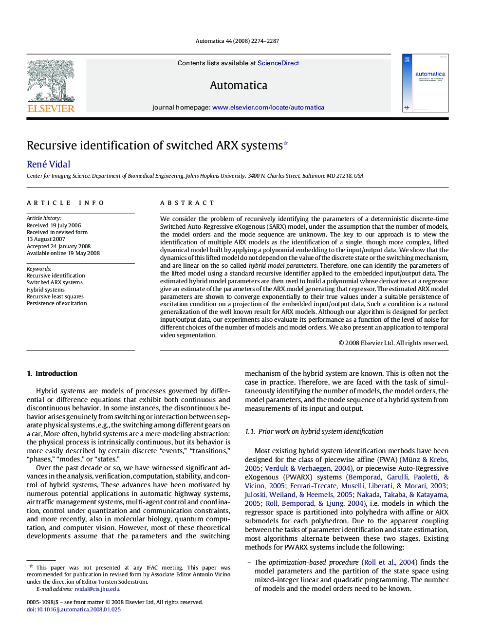 عکس صفحه اول مقاله: Recursive identification of switched ARX systems Recursive identification of switched ARX systems