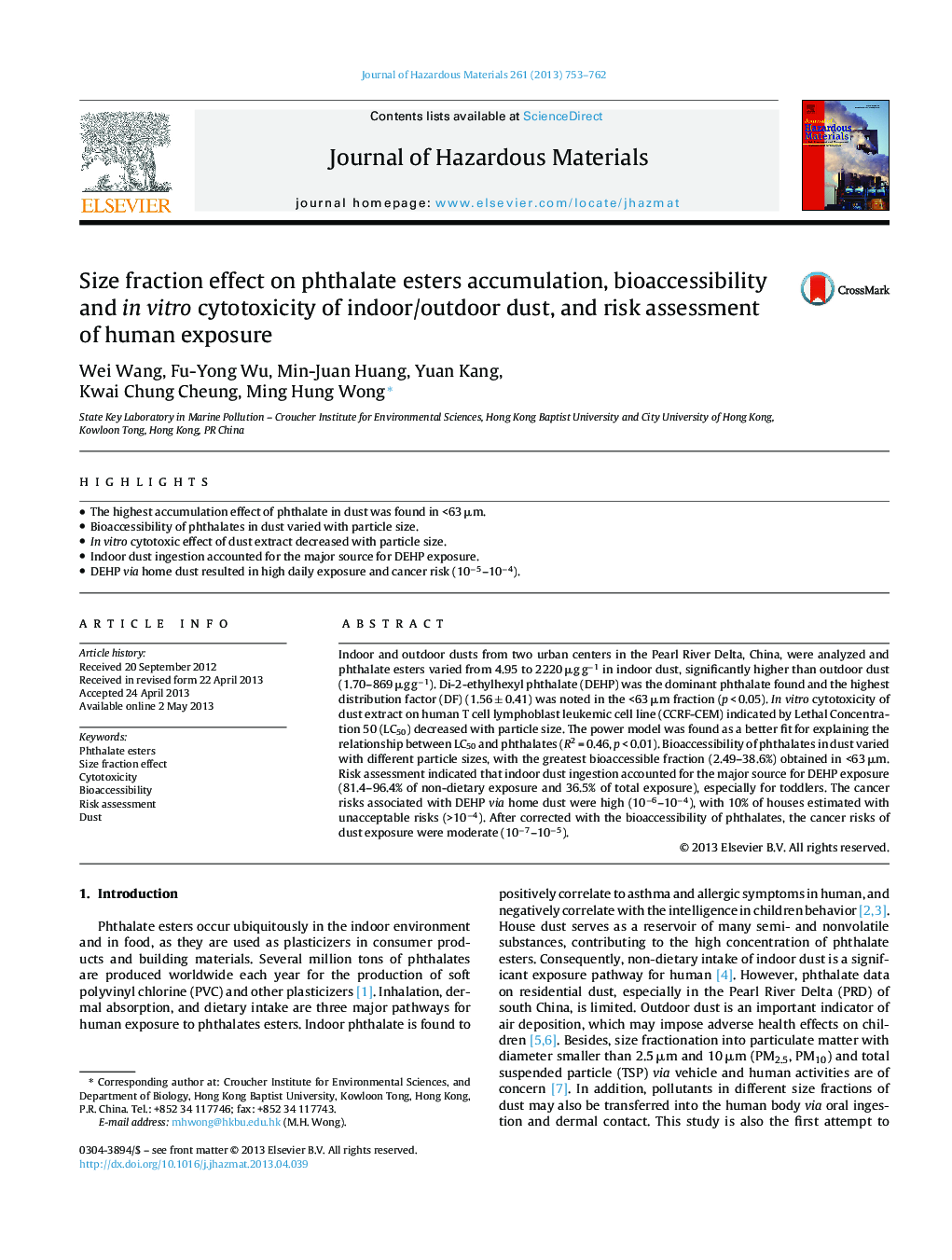 Size fraction effect on phthalate esters accumulation, bioaccessibility and in vitro cytotoxicity of indoor/outdoor dust, and risk assessment of human exposure