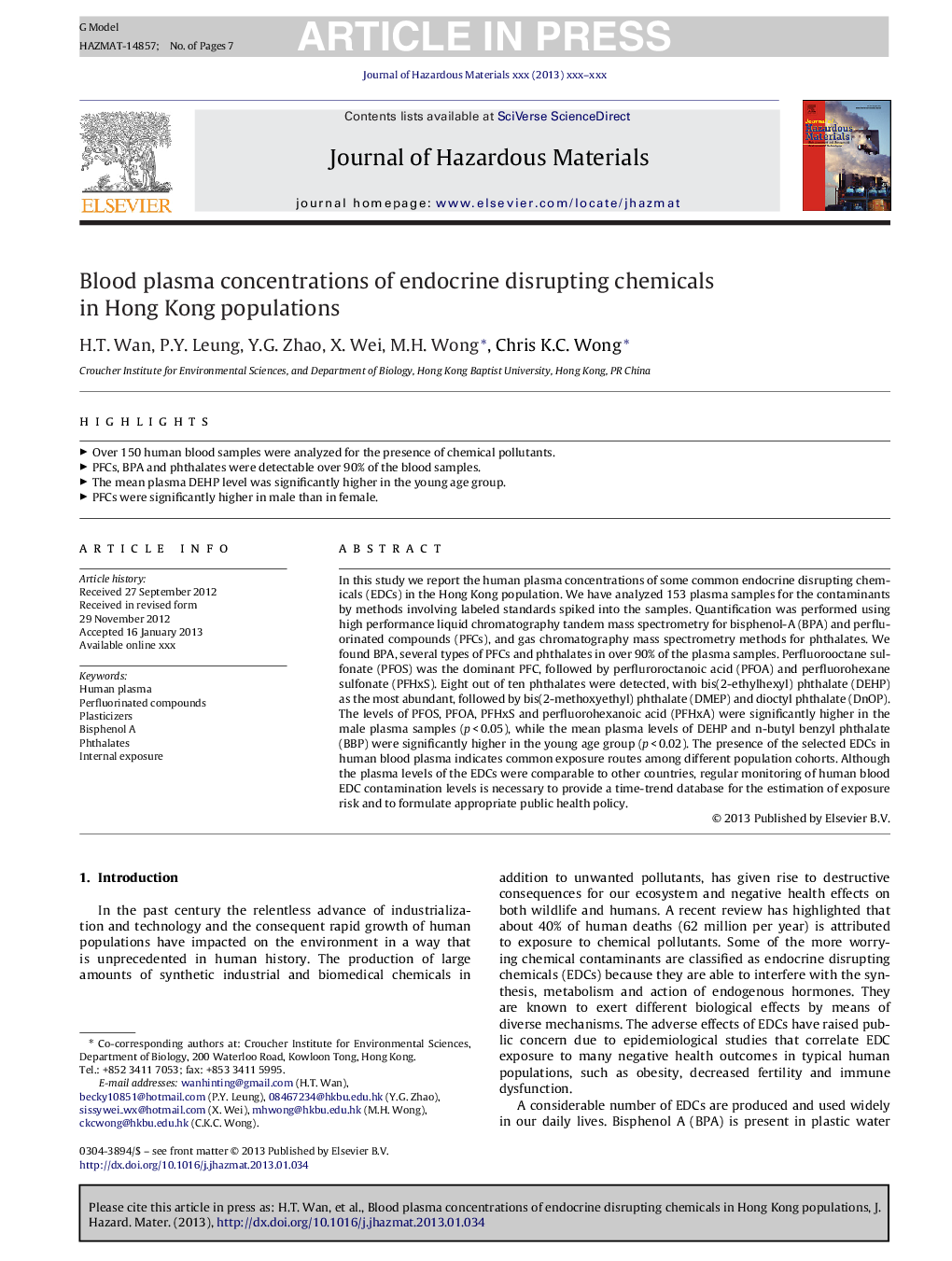 Blood plasma concentrations of endocrine disrupting chemicals in Hong Kong populations