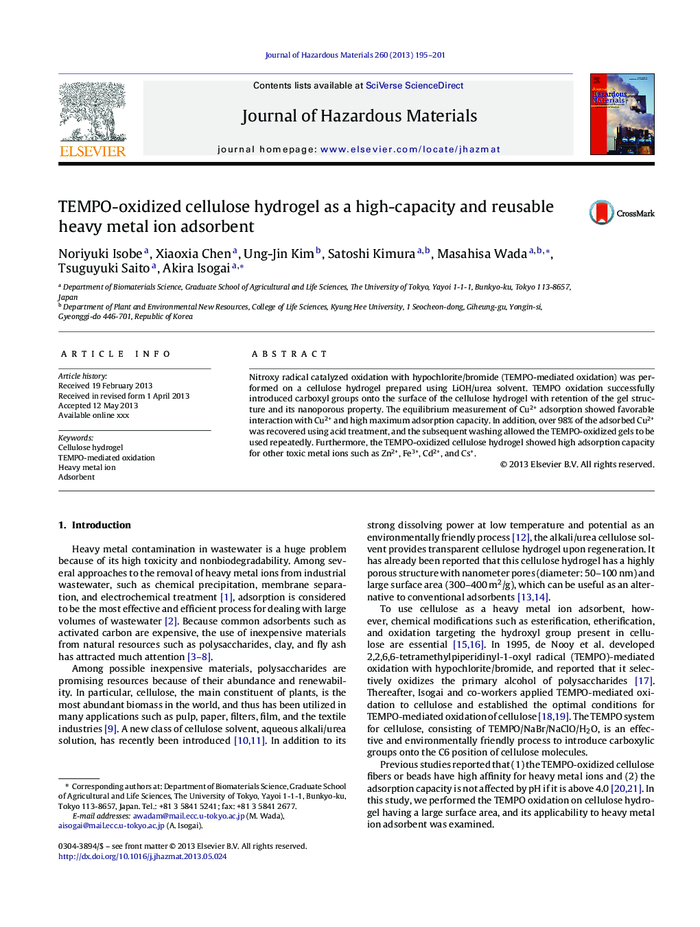 TEMPO-oxidized cellulose hydrogel as a high-capacity and reusable heavy metal ion adsorbent